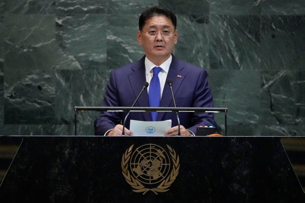President of Mongolia, Khurelsukh Ukhnaa, addresses the 80th session of the United Nations General Assembly, Tuesday, Sept. 23, 2025, at U.N. headquarters. (AP Photo/Pamela Smith)