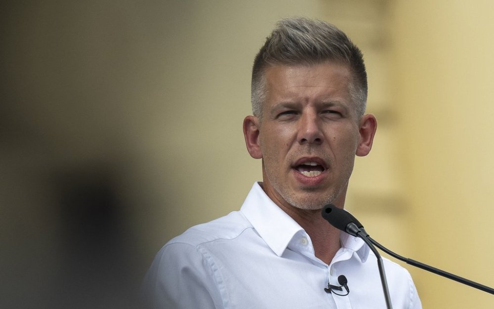 FILE -Péter Magyar, a rising challenger to Hungarian Prime Minister Viktor Orbán, addresses people at a campaign rally in the rural city of Debrecen, Hungary, on May 5, 2024. (AP Photo/Denes Erdos, File)