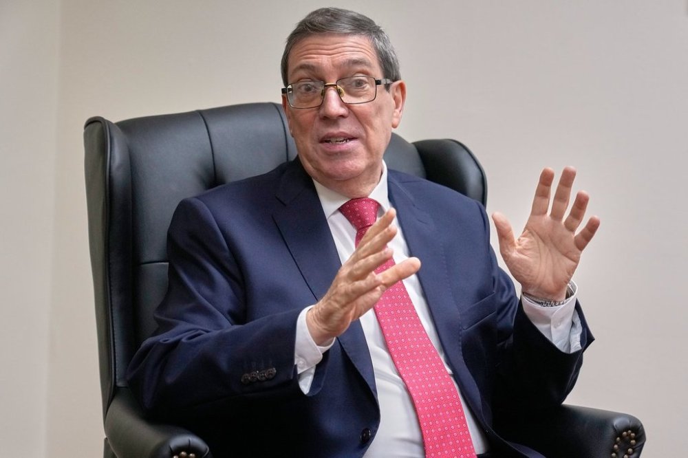 Cuba's Foreign Minister Bruno Rodriguez Parrilla speaks during an interview with The Associated Press at the Permanent Mission of Cuba to the United Nations, in New York, Tuesday, Sept. 30, 2025. (AP Photo/Richard Drew)