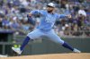 Kansas City Royals starting pitcher Noah Cameron throws in the first inning against the Toronto Blue Jays during a baseball game Saturday Sept. 20, 2025, in Kansas City, Mo. (AP Photo/Ed Zurga)