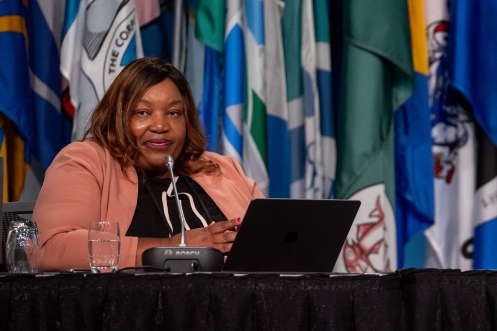 UBCM president Trish Mandewo looks on during a convention in Vancouver, B.C., Thursday, Sept. 19, 2024. THE CANADIAN PRESS/Ethan Cairns