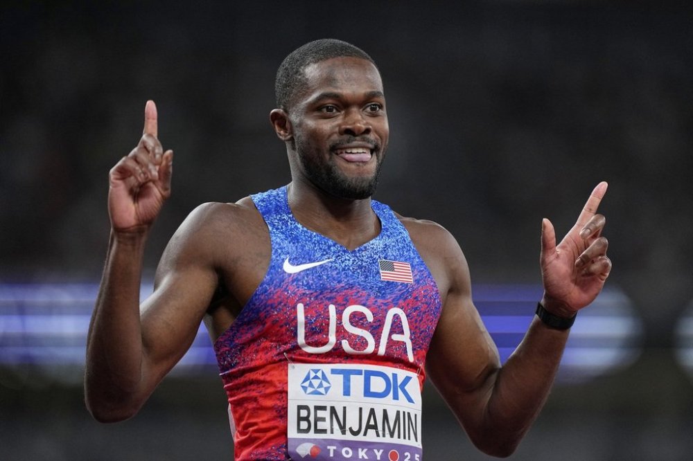 United States' Rai Benjamin reacts as he wins the gold medal in the men's 400 meters hurdles final at the World Athletics Championships in Tokyo, Friday, Sept. 19, 2025. (AP Photo/Petr David Josek)