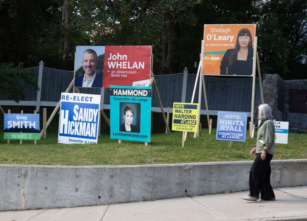 Provincial and municipal election signs shown around St. John's on early Monday, Sept. 15, 2025. THE CANADIAN PRESS/Paul Daly