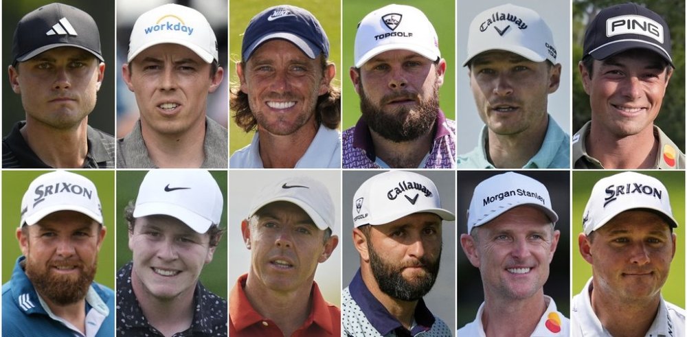 This combo of files photos shows the European Ryder cup golf team, from top left, Sweden's Ludvig Aberg, England's Matt Fitzpatrick, England's Tommy Fleetwood, England's Tyrrell Hatton, Denmark's Rasmus Hojgaard and Norway's Viktor Hovland, bottom row from left, Ireland's Shane Lowry, Scotland's Robert MacIntyre, Northern Ireland's Rory McIlroy, Spain's Jon Rahm, England's Justin Rose and Austria's Sepp Straka (AP Photo/File)