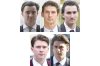 FILE - This combo of 2025 file photos taken in London, Ontario, shows, from top left, Dillon Dube, Cal Foote, Alex Formenton, and from bottom left, Carter Hart, and Michael McLeod, five hockey players acquitted of sexual assault charges stemming from an incident in 2018. (Canadian Press via AP, File)