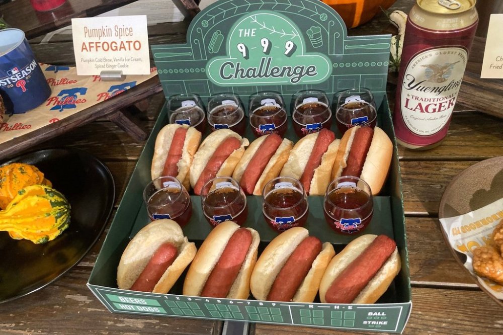 The 9-9-9 Challenge, which includes consuming one hot dog and one beer for each of the nine innings, is seen at Citizens Bank Park on Friday, Oct. 3, 2025, in Philadelphia. (AP Photo/Dan Gelston)