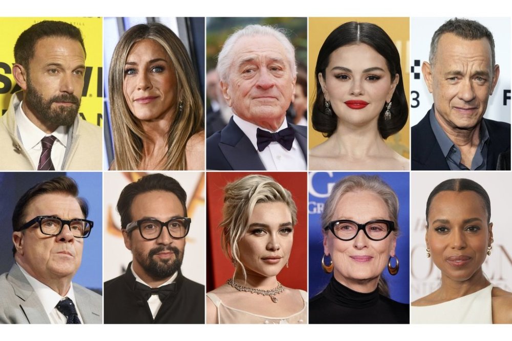 This combination of photos show celebrities, top row from left, Ben Affleck, Jennifer Aniston, Robert De Niro, Selena Gomez, Tom Hanks, bottom row from left, Nathan Lane, Lin-Manuel Miranda, Florence Pugh, Meryl Streep and Kerry Washington. (AP Photo)