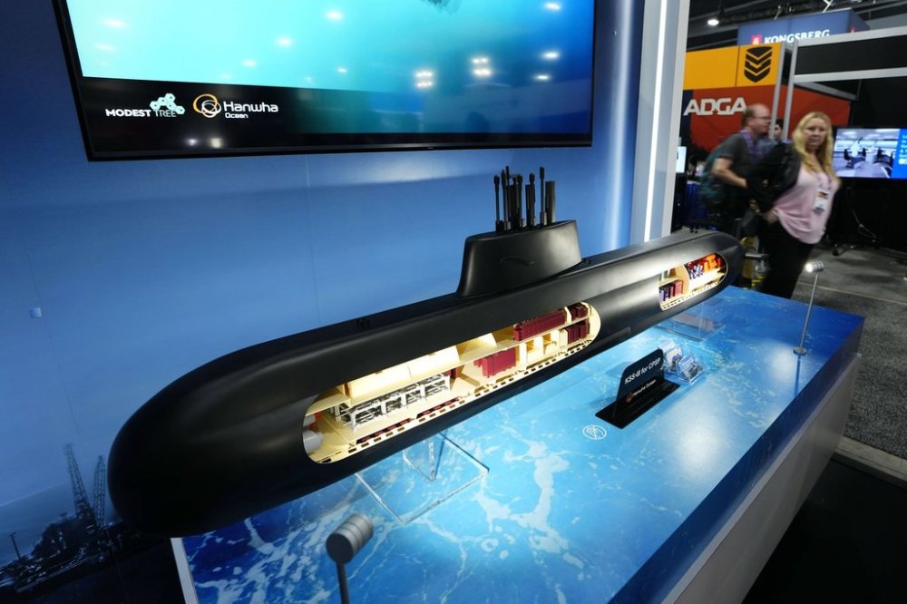 A model of a Hanwha KSS-III submarine is seen at the Canadian Association of Defence and Security Industries annual defence industry trade show, CANSEC, in Ottawa on Wednesday, May 28, 2025. THE CANADIAN PRESS/Justin Tang