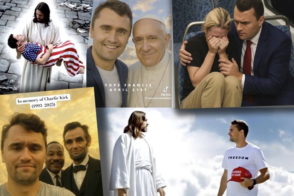 This combination of images gathered in September 2025 from social media posts shows AI-generated content depicting conservative activist Charlie Kirk. (Religion News Service via AP)