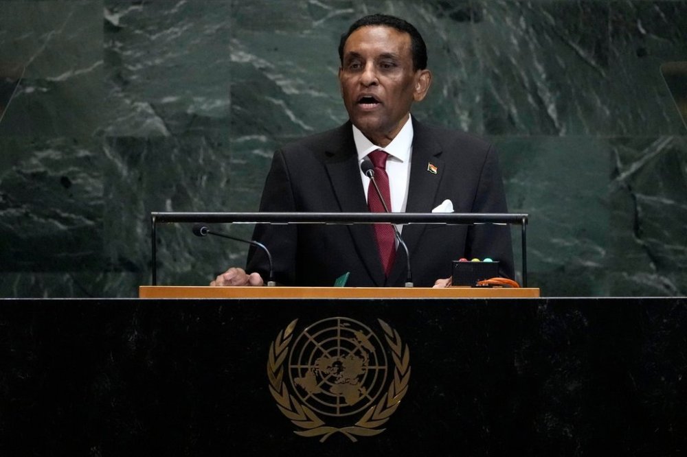 Transitional prime minister of Sudan Kamil El-Tayeb Idris addresses the 80th session of the United Nations General Assembly, Thursday, Sept. 25, 2025, at U.N. headquarters. (AP Photo/Pamela Smith)