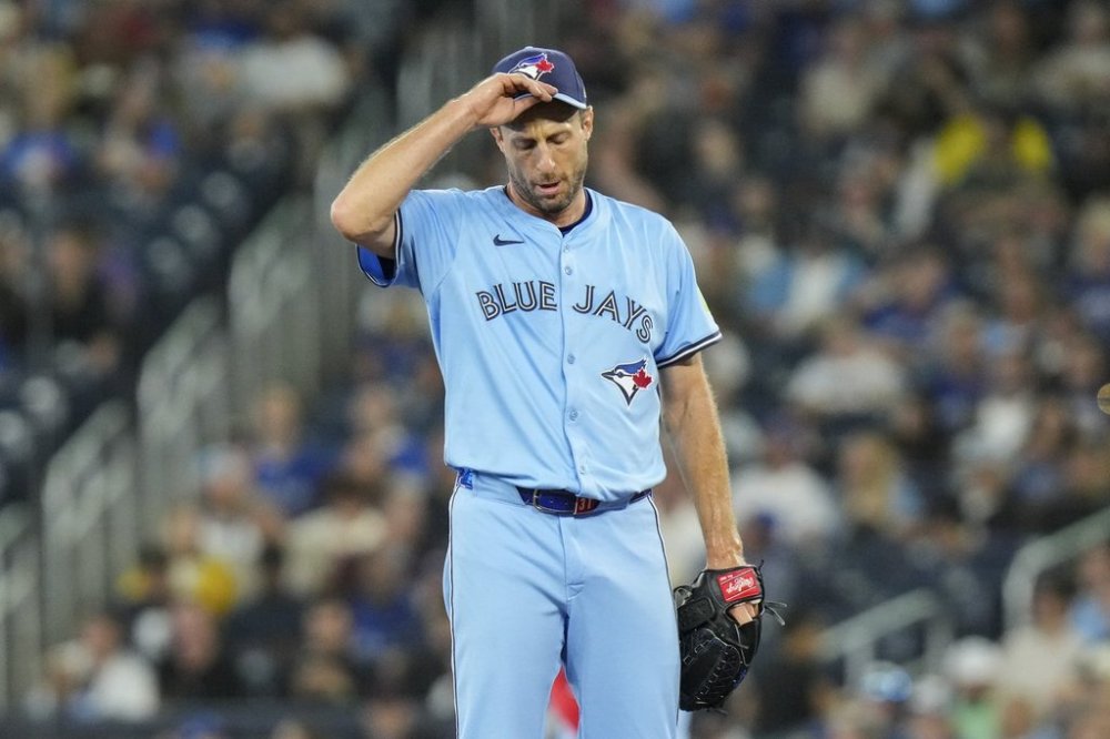Blue Jays pitcher Max Scherzer (31) reacts as he works against the Boston Red Sox during first inning MLB action in Toronto on Sept. 24, 2025. THE CANADIAN PRESS/Chris Young