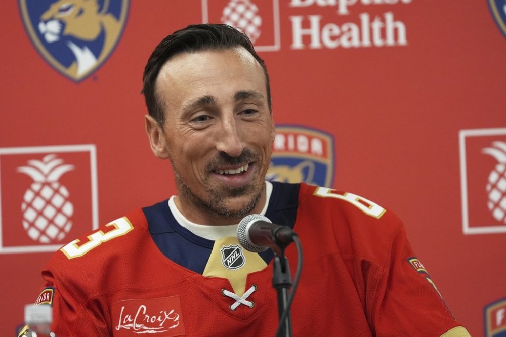 Florida Panthers forward Brad Marchand speaks during the NHL hockey team's media day, Wednesday, Sept. 17, 2025, in Fort Lauderdale, Fla. (AP Photo/Marta Lavandier)