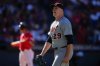 Detroit Tigers starting pitcher Tarik Skubal reacts after his fourth strike out in a row in the seventh inning of Game 1 of the American League Wild Card baseball playoff series against the Cleveland Guardians in Cleveland, Tuesday, Sept. 30, 2025. (AP Photo/Sue Ogrocki)