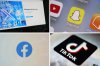 FILE - This combination of photos shows logos of X, formerly known as Twitter, top left; Snapchat, top right; Facebook, bottom left; and TikTok, bottom right. (AP Photo, File)