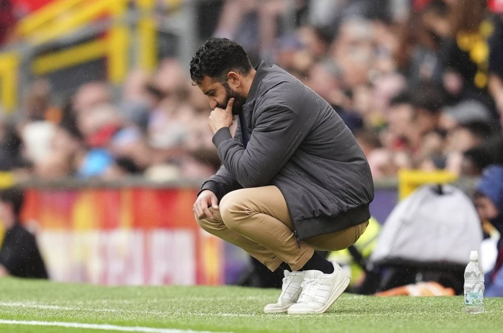 Manchester United's head coach Ruben Amorim reacts in the sideline during the English Premier League soccer match between Manchester United and Burnley at Old Trafford stadium in Manchester, England, Saturday, Aug. 30, 2025. (Martin Rickett/PA via AP)