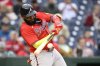 Atlanta Braves' Marcell Ozuna singles in two runs during the sixth inning of a baseball game against the Washington Nationals, Wednesday, Sept. 17, 2025, in Washington. (AP Photo/Nick Wass)