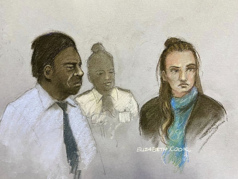 This court artist sketch by Elizabeth Cook shows Mark Gordon and Constance Marten appearing at the Old Bailey in London, Monday Sept. 15, 2025, where they've been sentenced to 14 years in prison on Monday for killing their newborn daughter while on the run from authorities. (Elizabeth Cook/PA via AP)