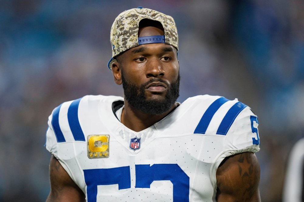 FILE - Indianapolis Colts linebacker Shaquille Leonard (53) looks on during an NFL football game against the Carolina Panthers Nov. 5, 2023, in Charlotte, N.C. (AP Photo/Jacob Kupferman, File)