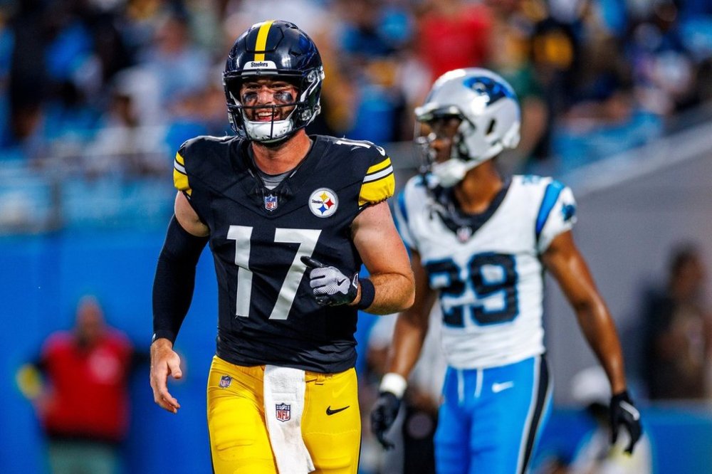 FILE - Pittsburgh Steelers quarterback Skylar Thompson (17) celebrates a touchdown pass during an NFL football game against the Carolina Panthers, Thursday, Aug. 21, 2025, in Charlotte, N.C. (AP Photo/Rusty Jones, File)