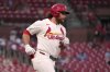 FILE - St. Louis Cardinals' Brendan Donovan runs after hitting a single during the first inning of a baseball game against the Colorado Rockies, Aug. 12, 2025, in St. Louis. (AP Photo/Jeff Roberson, File)