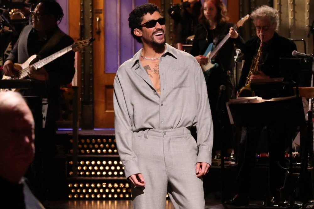 This image released by NBC shows host Bad Bunny during his monologue on