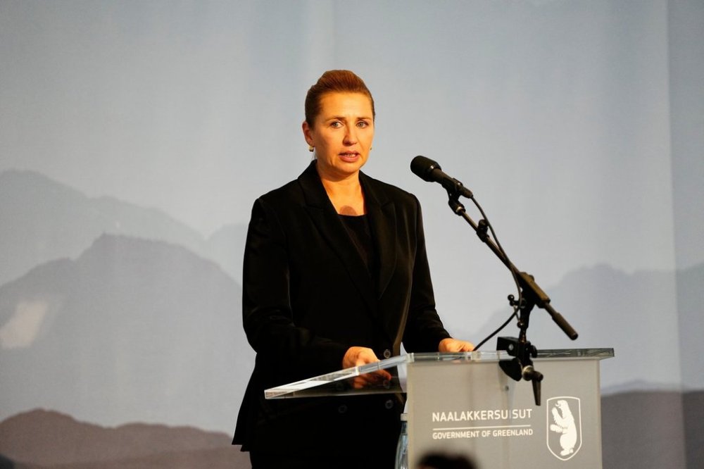 Denmark Prime Minister Mette Frederiksen talks during a meeting in the cultural house Katuaq in Nuuk, Greenland, Wednesday Sept. 24, 2025. (Mads Claus Rasmussen/Ritzau Scanpix via AP)