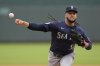 Seattle Mariners starting pitcher Luis Castillo throws during the first inning of a baseball game against the Kansas City Royals, Thursday, Sept. 18, 2025, in Kansas City, Mo. (AP Photo/Charlie Riedel)