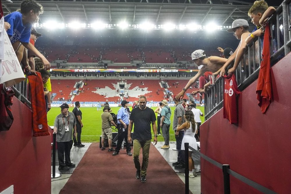 Toronto FC head coach Robin Fraser walks from the field after his team's 1-1 tie with Atlanta United in MLS action in Toronto, on Saturday, July 12, 2025.THE CANADIAN PRESS/Chris Young