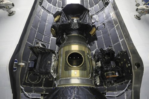 This photo provided by NASA in September 2025 shows NASA’s Carruthers Geocorona Observatory, IMAP (Interstellar Mapping and Acceleration Probe), and the National Oceanic and Atmospheric Administration’s (NOAA) Space Weather Follow On-Lagrange 1 (SWFO-L1) satellite at the Kennedy Space Center in Florida. (NASA via AP)