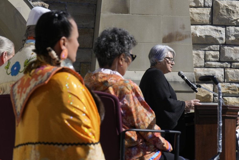 Gov. Gen. Mary Simon attends a Survivors' Flag re-raising ceremony on Parliament Hill in Ottawa on Wednesday, Oct. 1, 2025. THE CANADIAN PRESS/Adrian Wyld