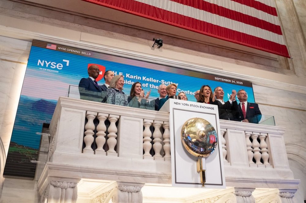 Karin Keller-Sutter, the President of the Swiss Confederation, rings the opening bell at the New York Stock Exchange, Wednesday, Sept. 24, 2025. (AP Photo/Angelina Katsanis)