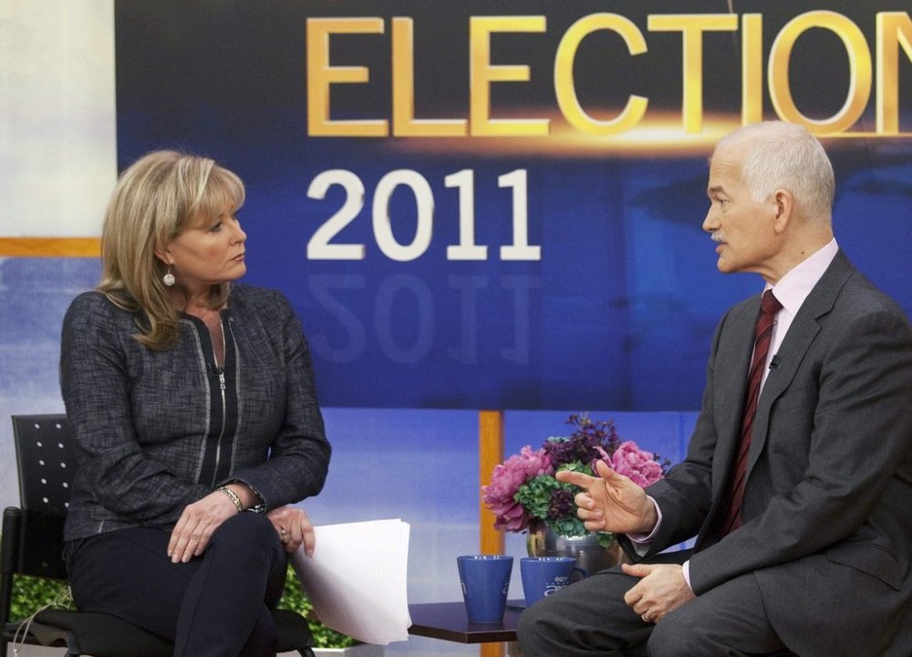 TV anchor Beverly Thomson interviews NDP Leader Jack Layton on Canada AM in Toronto, Tuesday, April 19, 2011. THE CANADIAN PRESS/Jacques Boissinot
