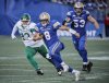 Winnipeg Blue Bombers quarterback Zach Collaros (8) runs for a first down against the Saskatchewan Roughriders during first half CFL action in Winnipeg, Saturday, Sept. 6, 2025. THE CANADIAN PRESS/John Woods
