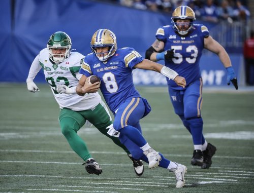 Winnipeg Blue Bombers quarterback Zach Collaros (8) runs for a first down against the Saskatchewan Roughriders during first half CFL action in Winnipeg, Saturday, Sept. 6, 2025. THE CANADIAN PRESS/John Woods