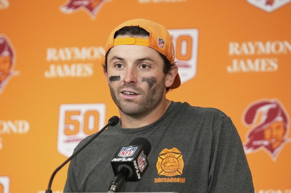 Tampa Bay Buccaneers quarterback Baker Mayfield speaks during a post game news conference following an NFL football game against the New York Jets Sunday, Sept. 21, 2025, in Tampa, Fla. (AP Photo/Chris O'Meara)