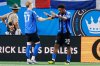 CF Montreal forward Dante Sealy (25) celebrates with defender Dawid Bugaj after Sealy scored against Charlotte FC during the second half of an MLS soccer match in Charlotte, N.C., Saturday, Sept. 27, 2025. (AP Photo/Nell Redmond)