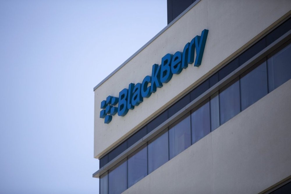 The BlackBerry logo located in the front of the company's B building in Waterloo, Ont. on Tuesday, May 29, 2018. THE CANADIAN PRESS/Andrew Ryan