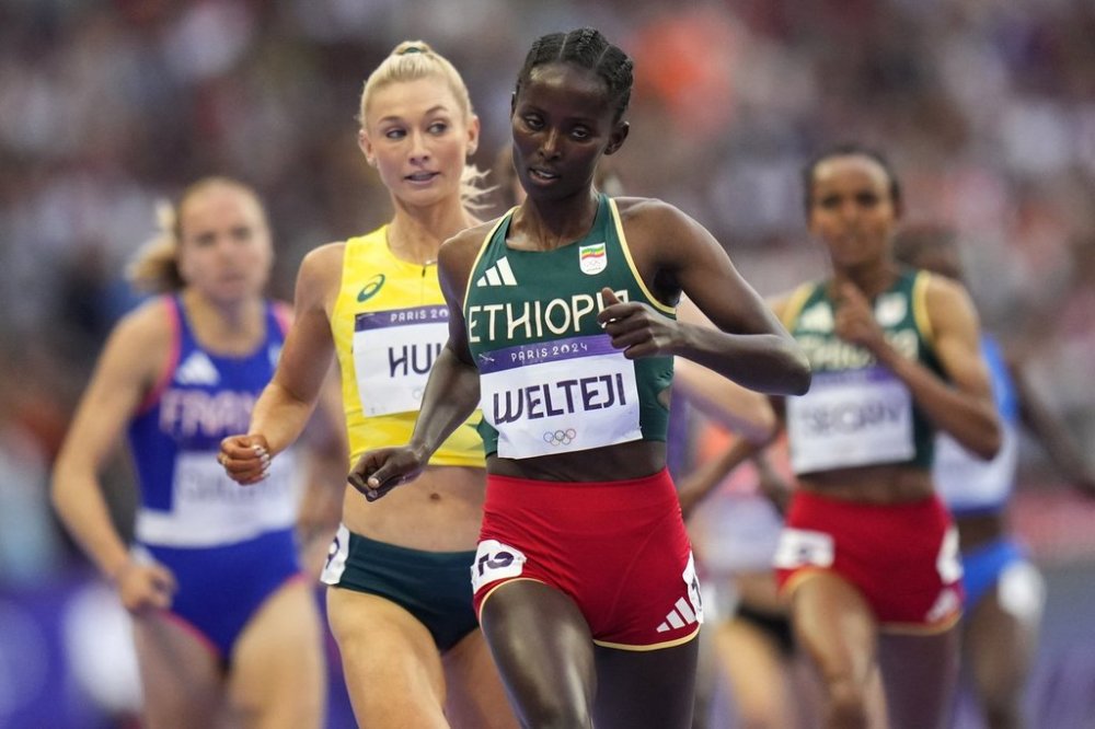 FILE -Diribe Welteji, of Ethiopia, wins her women's 1500-meters semifinal at the 2024 Summer Olympics, Aug. 8, 2024, in Saint-Denis, France. (AP Photo/Petr David Josek, File)