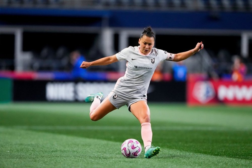 FILE - Angel City FC defender Ali Riley in action against the OL Reign during the first half of an NWSL quarterfinal playoff soccer match, Oct. 20, 2023, in Seattle. (AP Photo/Lindsey Wasson, file)