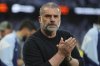 FILE - Tottenham's head coach Ange Postecoglou applauds during the Europa League semifinal first leg soccer match between Tottenham Hotspur and Bodo/Glimt at the White Hart Lane stadium in London, Thursday, May 1, 2025. (AP Photo/Kirsty Wigglesworth, File)