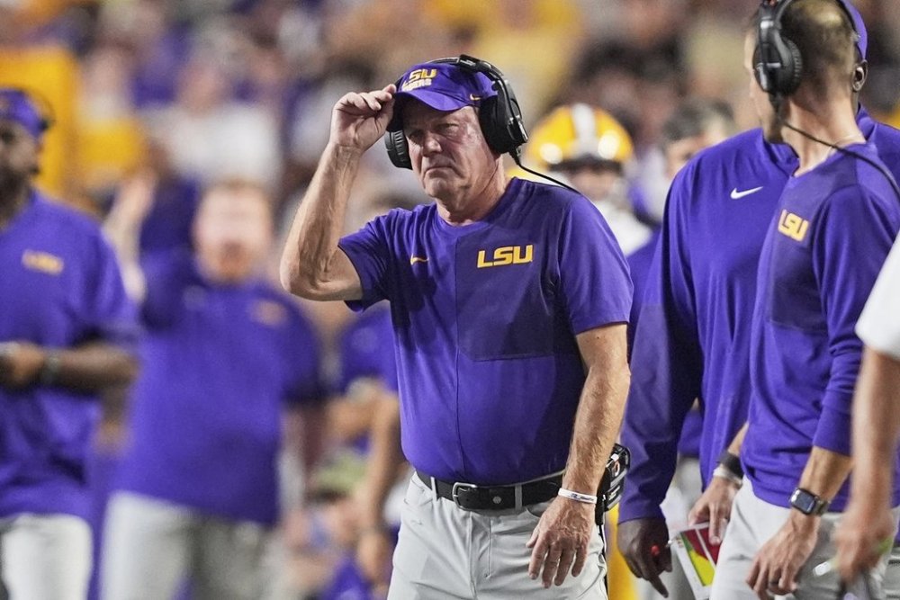 LSU head coach Brian Kelly watches from the sideline in the first half of an NCAA college football game against Florida, Saturday, Sept. 13, 2025, in Baton Rouge, La. (AP Photo/Gerald Herbert)