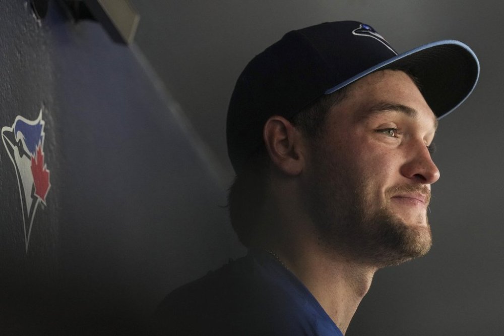 Blue Jays pitcher Trey Yesavage talks to members of the media at Rogers Centre in Toronto on Sunday, Sept. 14, 2025. THE CANADIAN PRESS/Chris Young