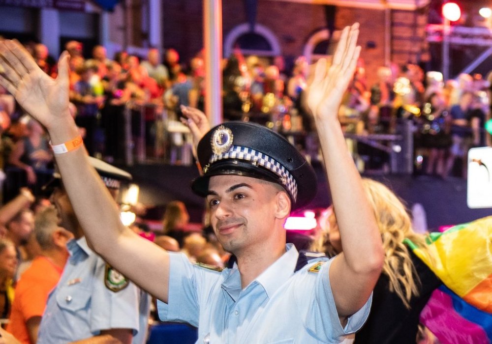 Police Constable Beau Lamarra-Condon participates in the annual Gay and Lesbian Mardi Gras parade in Sydney, Australia, Feb. 29, 2020. (James Gourley/AAP Image via AP)