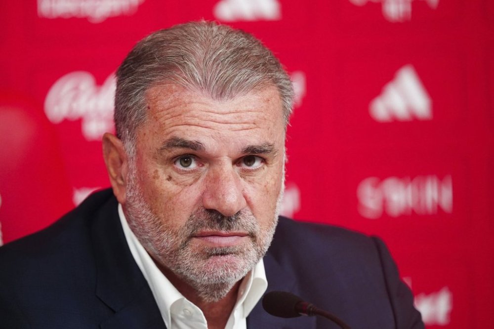 Newly appointed Nottingham Forest manager Ange Postecoglou attends a press conference at the City Ground, Nottingham, England, Thursday, Sept. 11, 2025. (Mike Egerton/PA via AP)
