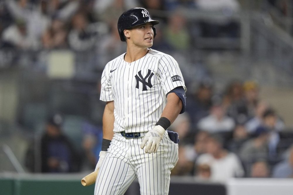 New York Yankees' Anthony Volpe reacts after his bunt pops out during the fifth inning of a baseball game against the Detroit Tigers Tuesday, Sept. 9, 2025, in New York. (AP Photo/Frank Franklin II)