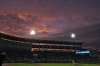 The sun sets over Steinbrenner Field during the second inning of a baseball game between the Tampa Bay Rays and the Seattle Mariners Wednesday, Sept. 3, 2025, in Tampa, Fla. (AP Photo/Chris O'Meara)