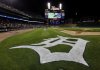 FILE - The Detroit Tigers logo is seen during a rain delay at Game 4 of the American League championship series against the New York Yankees Wednesday, Oct. 17, 2012, in Detroit. (AP Photo/Paul Sancya, File)