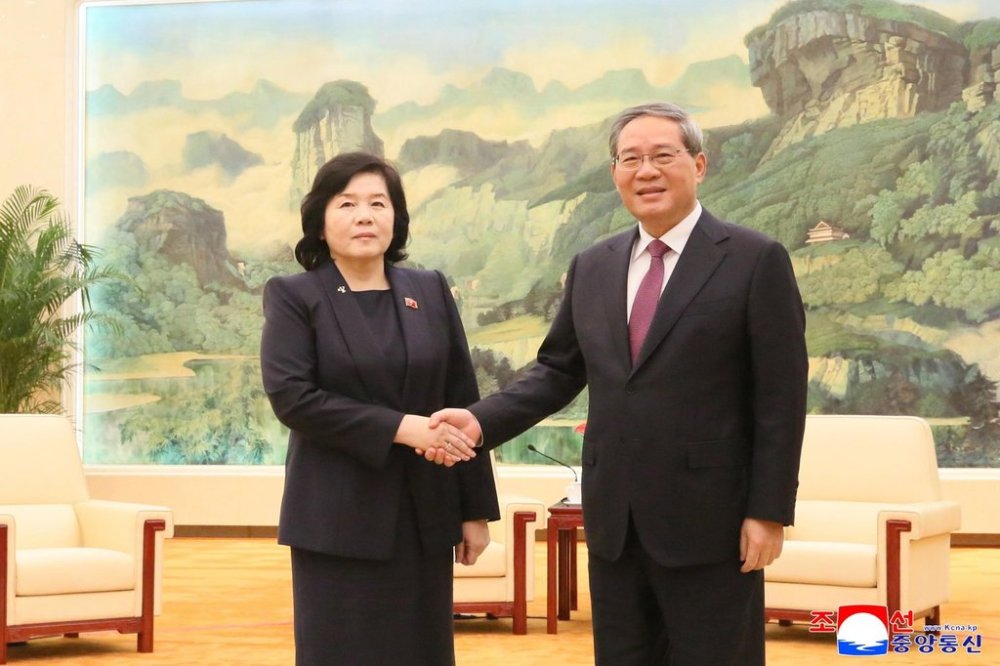 This photo provided on Sept. 30, 2025, by the North Korean government, Chinese Premier Li Qiang, right, meets with North Korean Foreign Minister Choe Son Hui at the Great Hall of the People in Beijing, Monday, Sept. 29, 2025. Independent journalists were not given access to cover the event depicted in this image distributed by the North Korean government. The content of this image is as provided and cannot be independently verified. Korean language watermark on image as provided by source reads: