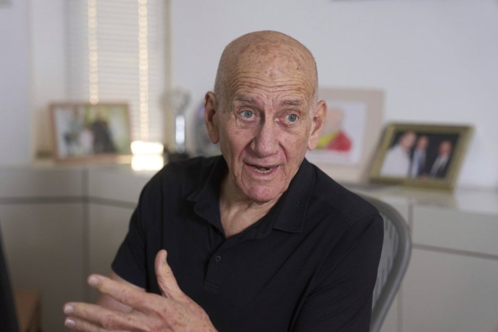 Former Israeli prime minister Ehud Olmert during an interview with The Associated Press in his office in Tel Aviv, Israel, on Thursday, May 22, 2025. (AP Photo/Ariel Schalit)