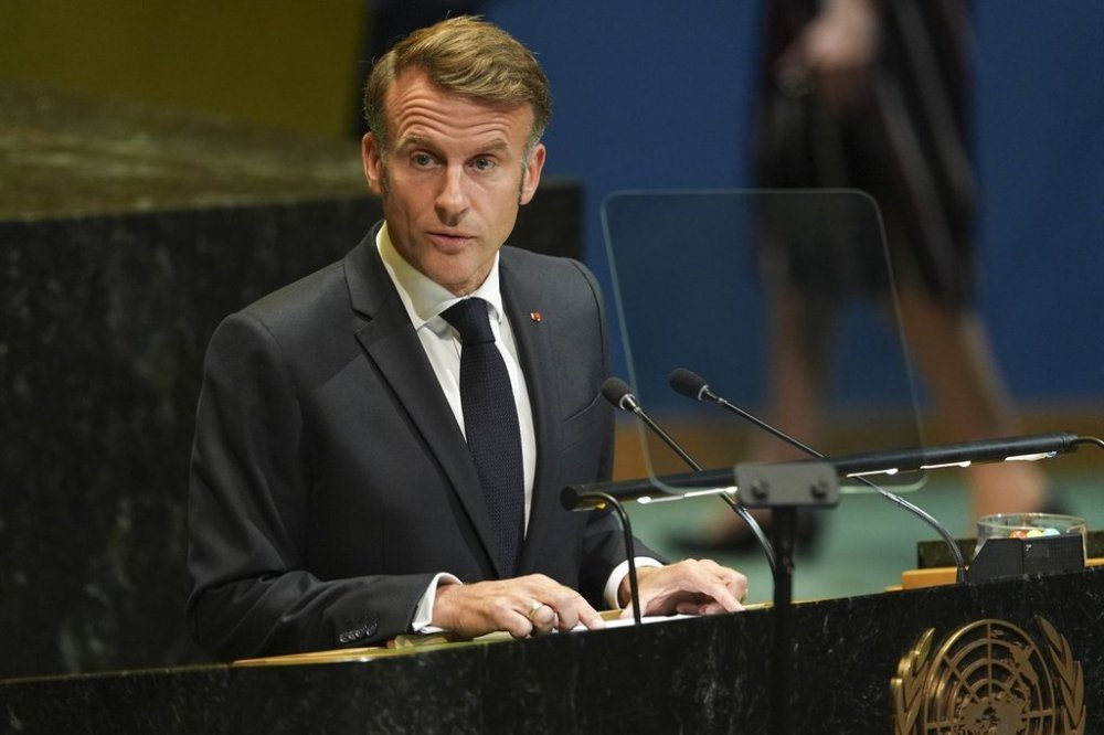 French President Emmanuel Macron speaks during a high-profile meeting at the United Nations aimed at galvanizing support for a two-state solution to the Israeli-Palestinian conflict Monday, Sept. 22, 2025, at UN headquarters. (AP Photo/Angelina Katsanis)